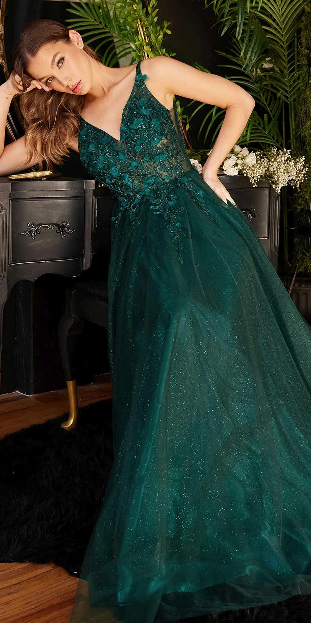 Cinderella Divine CD0181 Long Lace Floral A-Line Tulle/Lace Dress