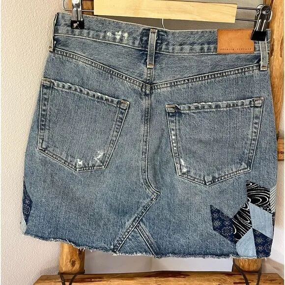 Citizens of Humanity Denim Mini Skirt, Button Fly,Patchwork,Size 27 BohoWestern
