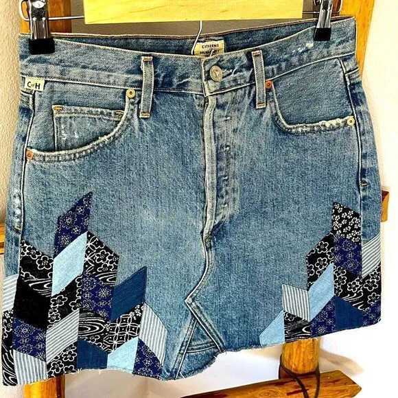 Citizens of Humanity Denim Mini Skirt, Button Fly,Patchwork,Size 27 BohoWestern