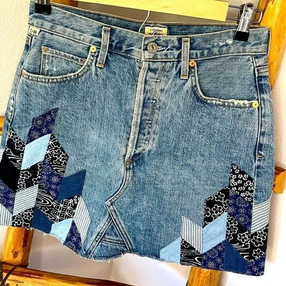 Citizens of Humanity Denim Mini Skirt, Button Fly,Patchwork,Size 27 BohoWestern