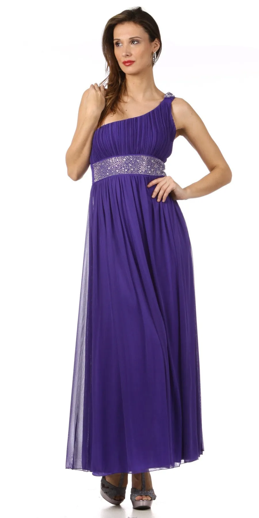 CLEARANCE - Celavie 2095L Long Lavender One Shoulder Gown Chiffon Empire (Size L)