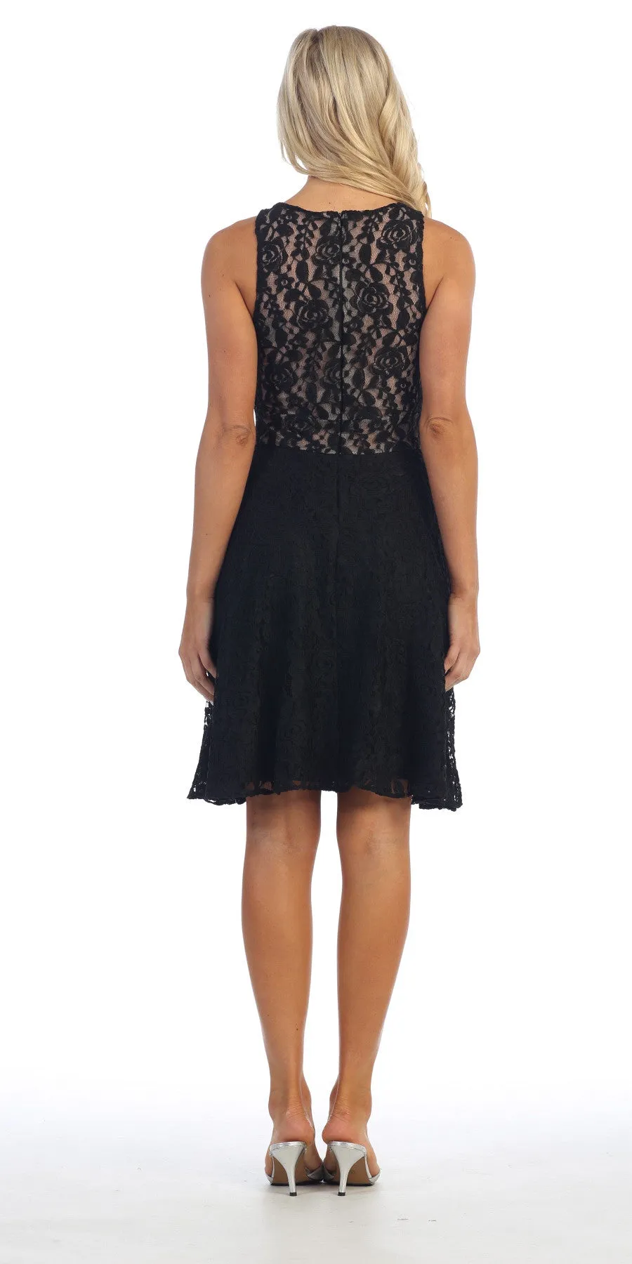 CLEARANCE - Celavie 6201s Sleeveless Black Lace Dress Knee Length (Size L)