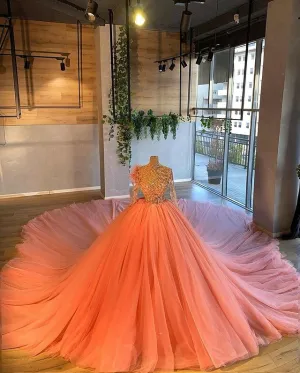 Coral Wedding Dresses Ball Gown Tulle Skirts Full Sleeve High Neck Beaded Colorful Bridal Wedding Gowns 8031815