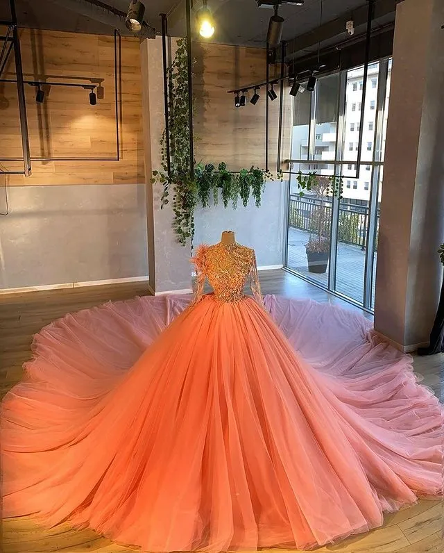 Coral Wedding Dresses Ball Gown Tulle Skirts Full Sleeve High Neck Beaded Colorful Bridal Wedding Gowns 8031815