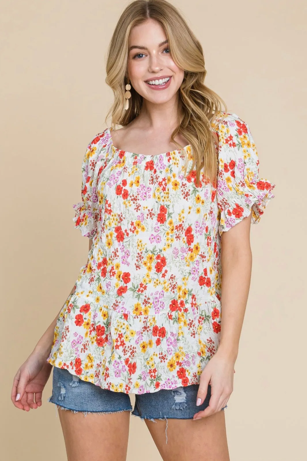 Crinkle Woven Floral Off Shoulder Top
