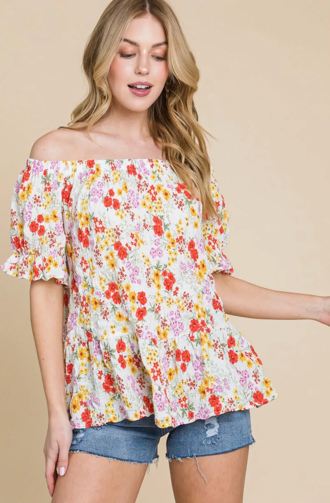 Crinkle Woven Floral Off Shoulder Top