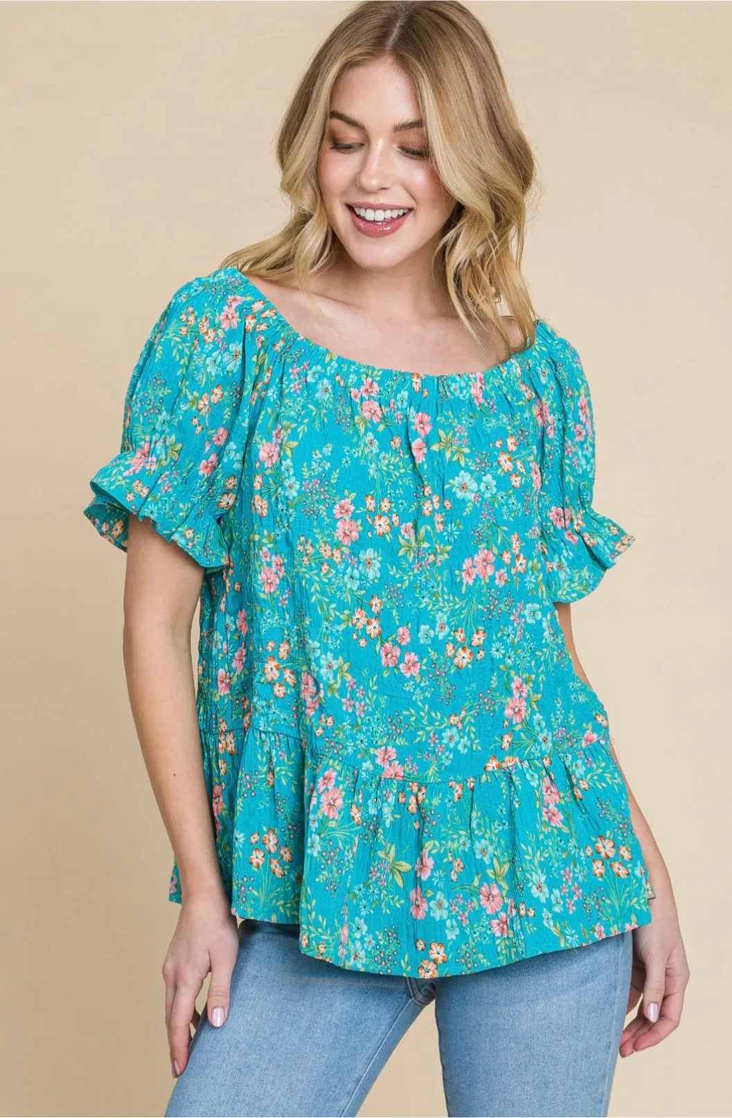 Crinkle Woven Floral Off Shoulder Top