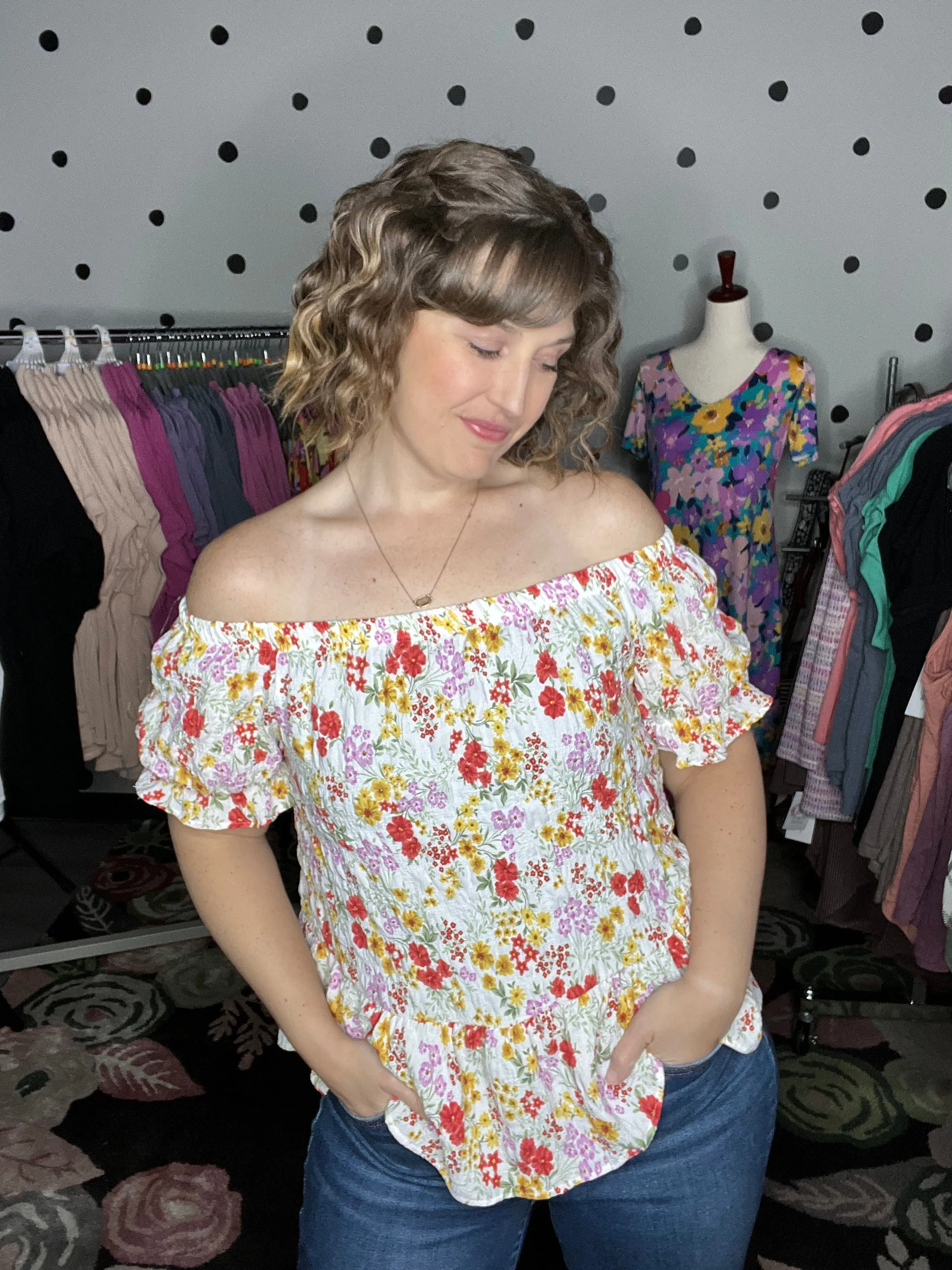 Crinkle Woven Floral Off Shoulder Top