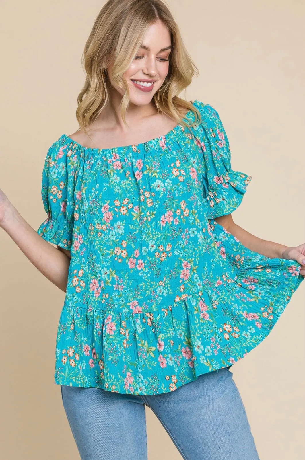 Crinkle Woven Floral Off Shoulder Top