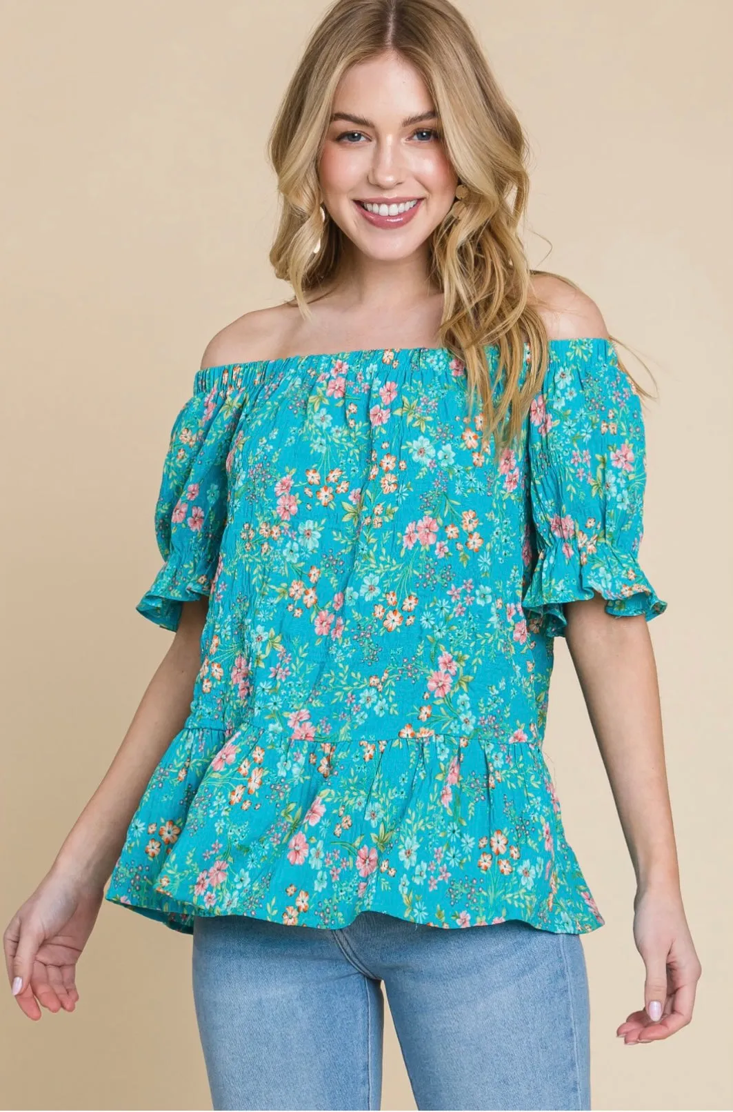 Crinkle Woven Floral Off Shoulder Top