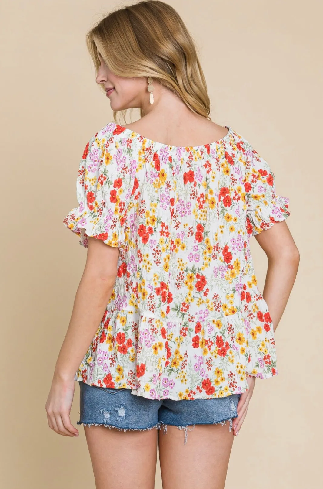 Crinkle Woven Floral Off Shoulder Top