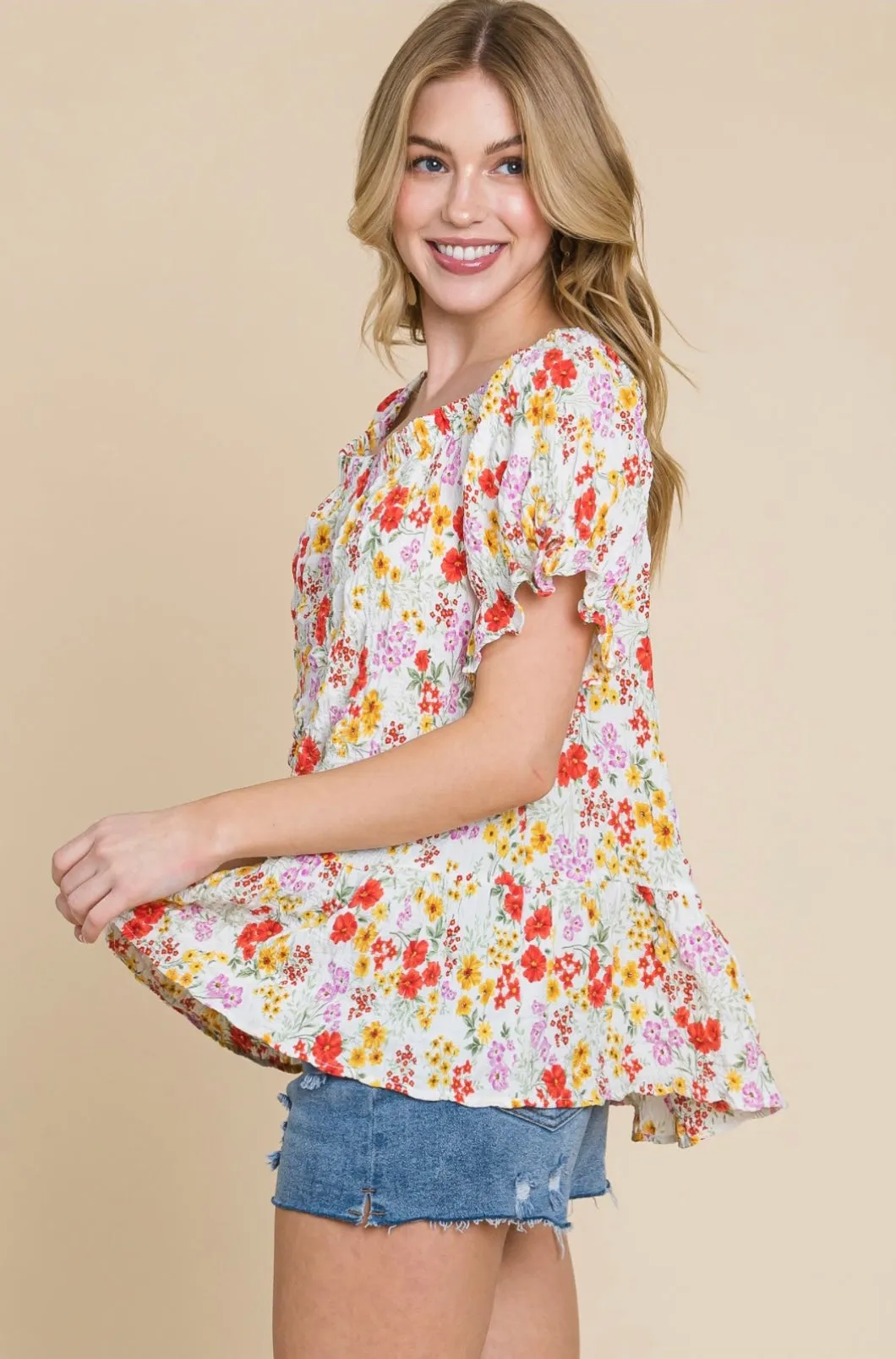 Crinkle Woven Floral Off Shoulder Top