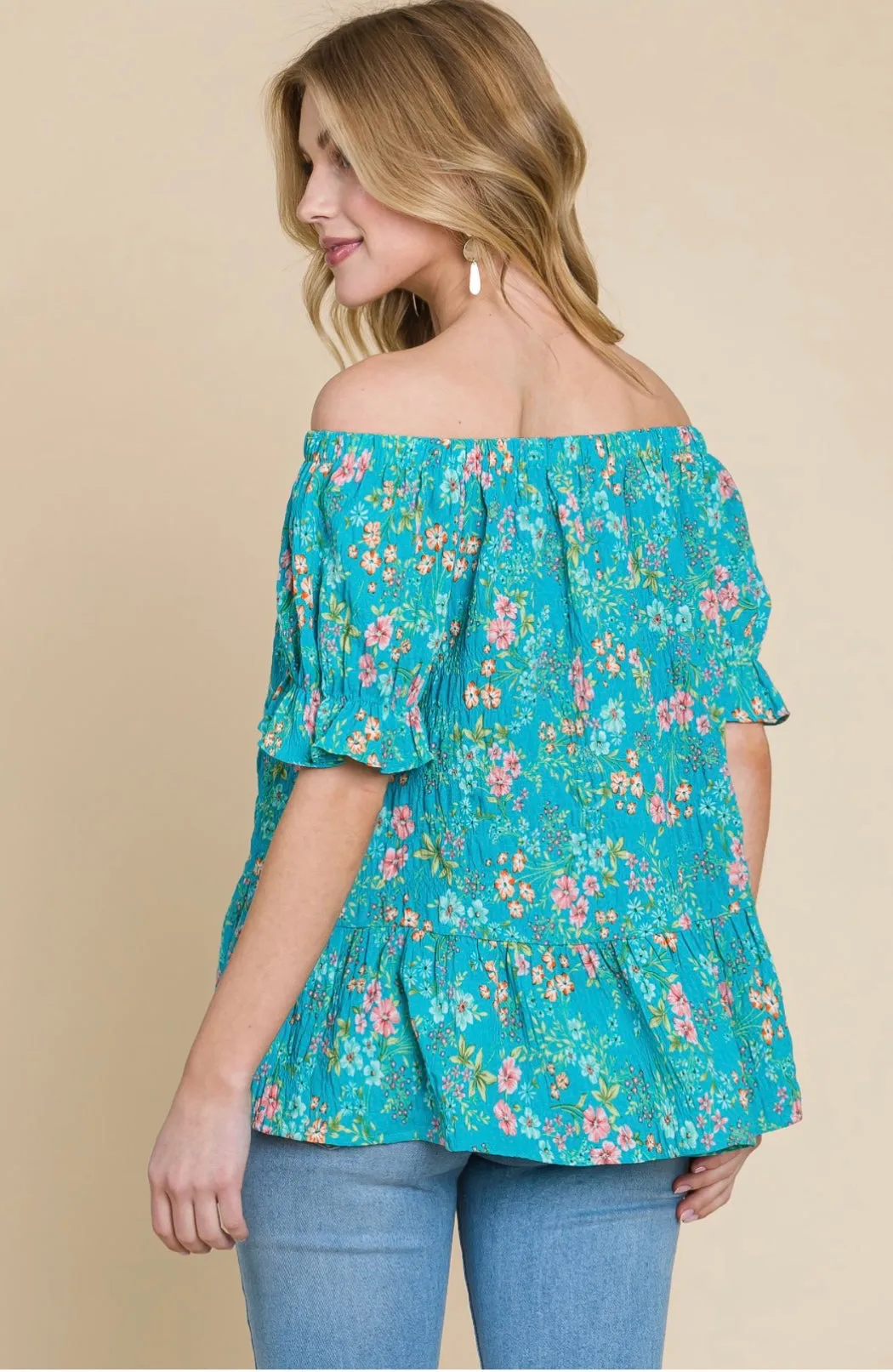 Crinkle Woven Floral Off Shoulder Top