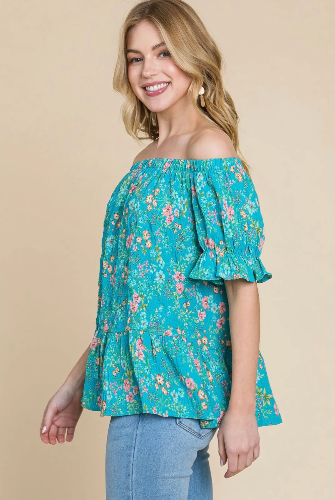 Crinkle Woven Floral Off Shoulder Top
