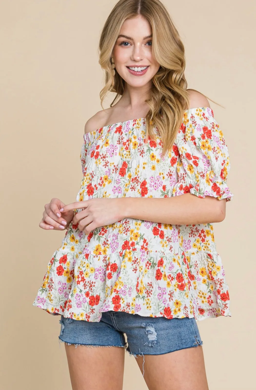 Crinkle Woven Floral Off Shoulder Top