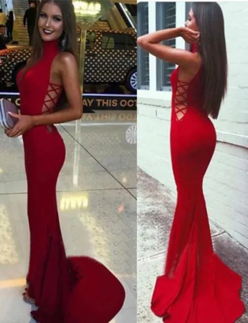 Cute Red Halter Mermaid High Neck Long Prom Dresses Evening Dress, MP216