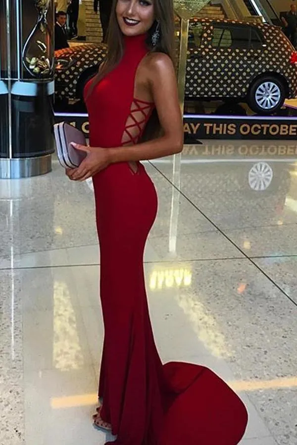 Cute Red Halter Mermaid High Neck Long Prom Dresses Evening Dress, MP216