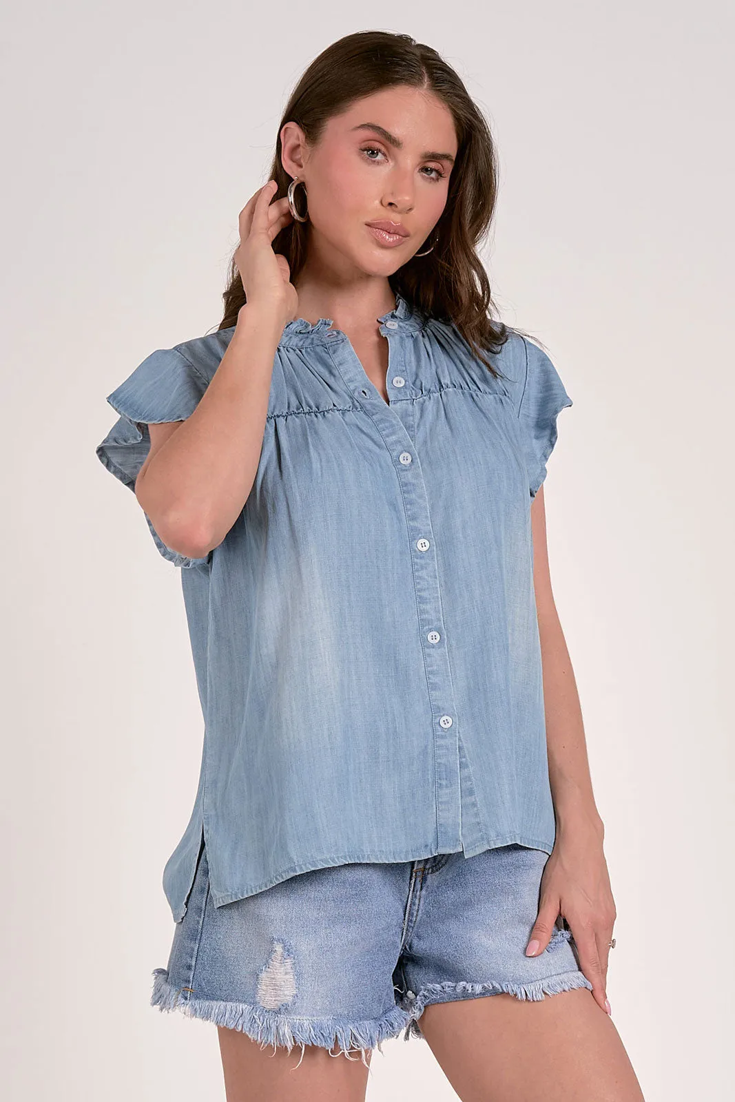 Daisy Ruffle Neck Flutter Sleeve Denim Top