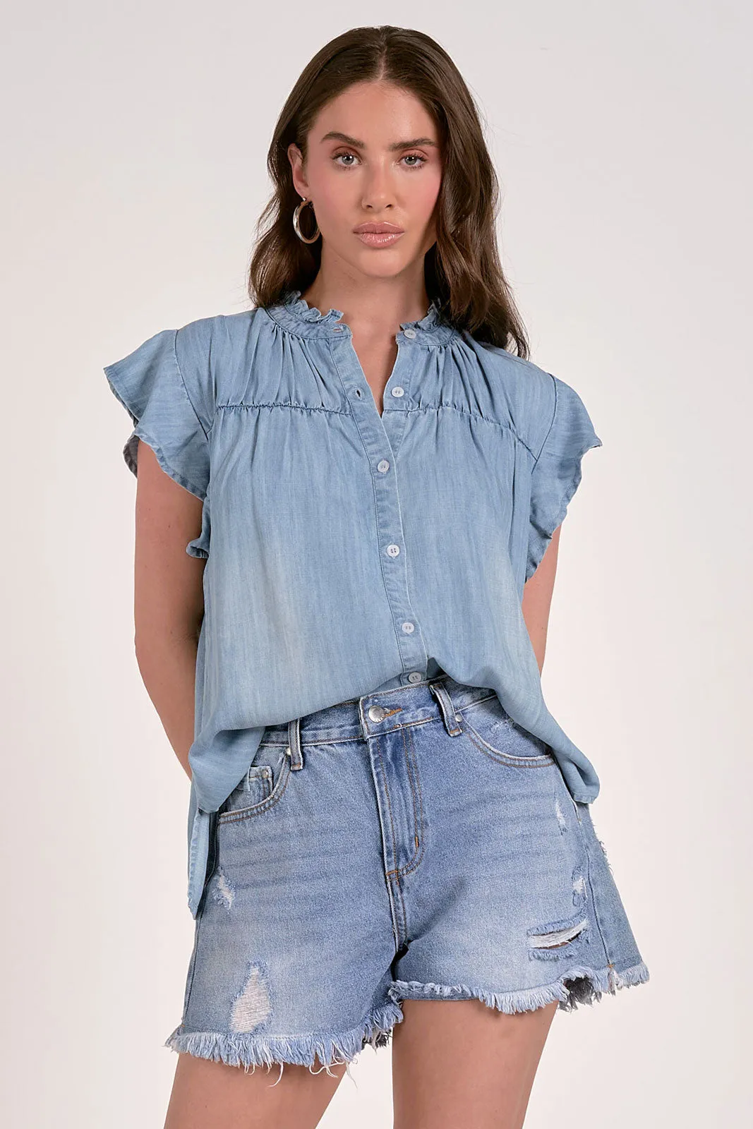 Daisy Ruffle Neck Flutter Sleeve Denim Top