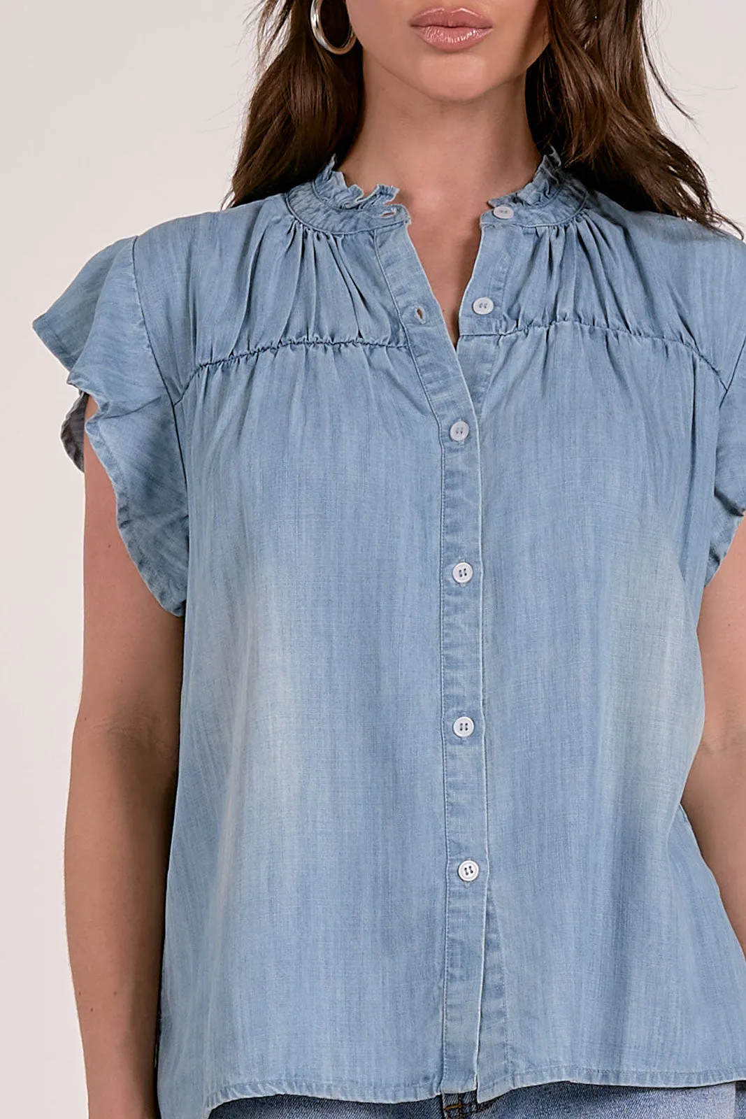 Daisy Ruffle Neck Flutter Sleeve Denim Top