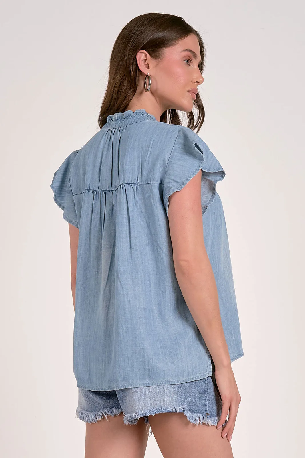 Daisy Ruffle Neck Flutter Sleeve Denim Top