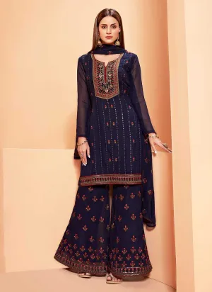 Dark Blue Sequins Embroidered Gharara Style Suit