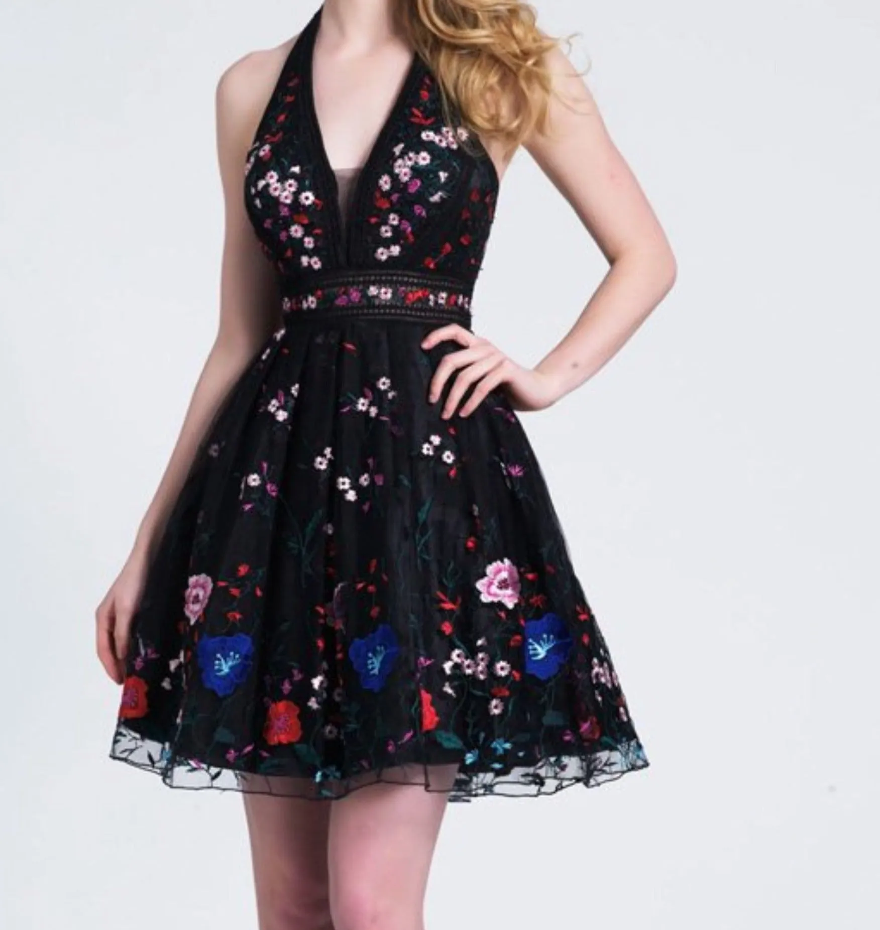 DAVE & JOHNNY Black & Floral Short Halter Dress Size 0