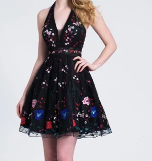 DAVE & JOHNNY Black & Floral Short Halter Dress Size 0