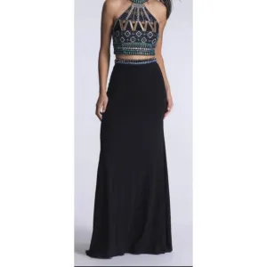 DAVE & JOHNNY Black Two-Piece Aztec Beaded Embellished Long Halter Dress Size 7/8