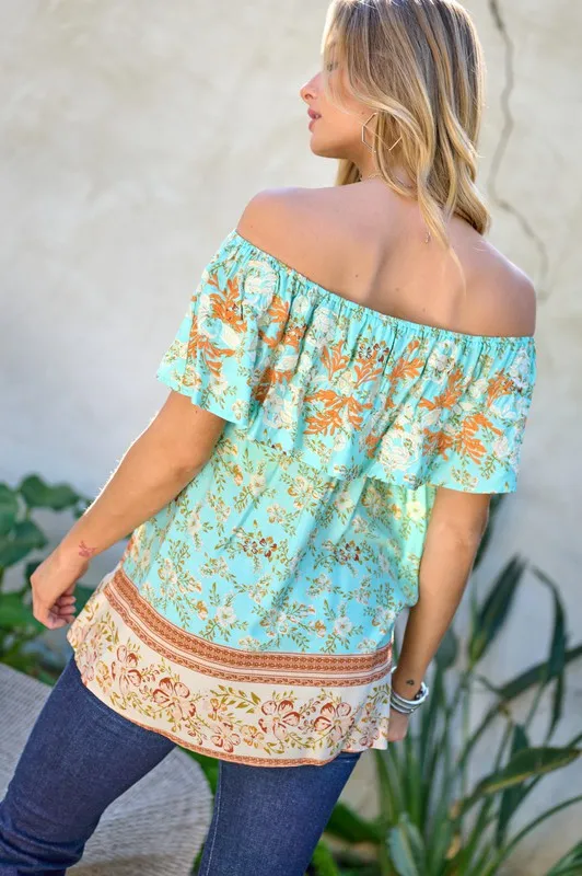 Davi & Dani Printed Off Shoulder Smocked Top