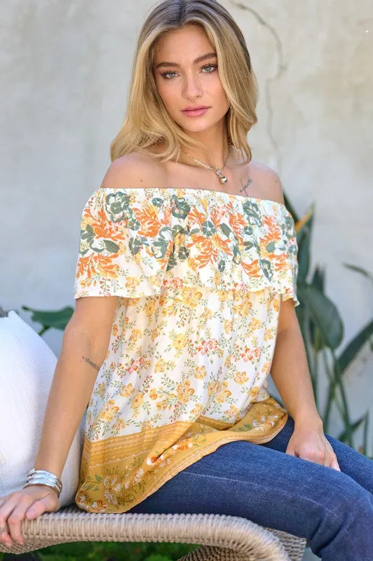 Davi & Dani Printed Off Shoulder Smocked Top