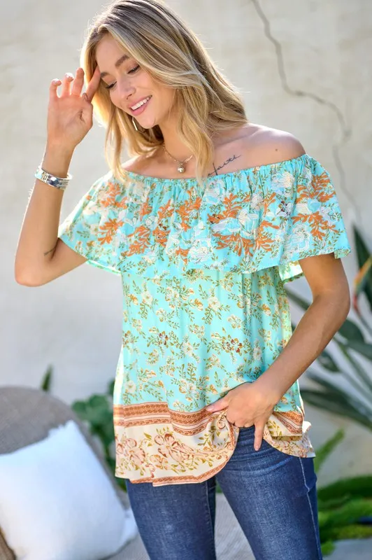 Davi & Dani Printed Off Shoulder Smocked Top