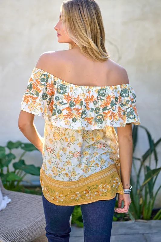 Davi & Dani Printed Off Shoulder Smocked Top