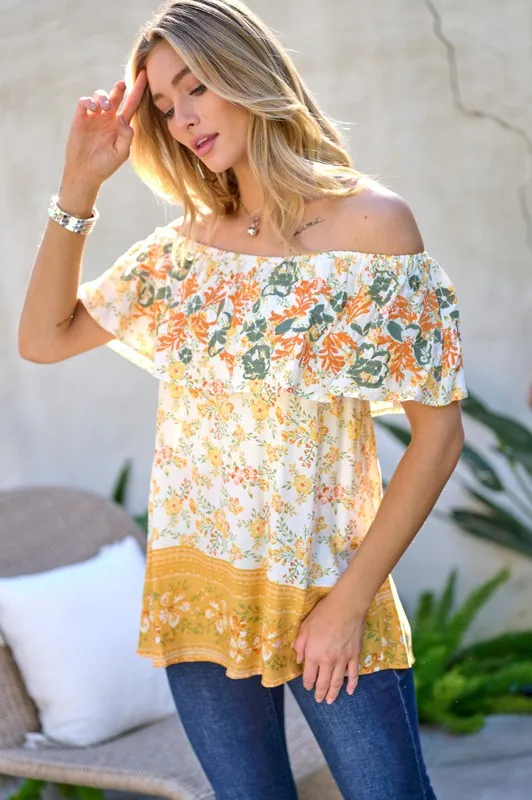 Davi & Dani Printed Off Shoulder Smocked Top
