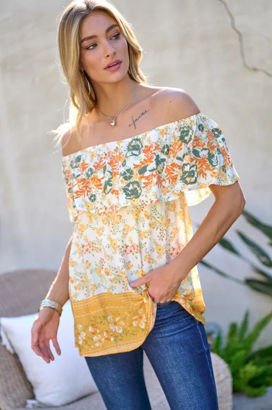 Davi & Dani Printed Off Shoulder Smocked Top