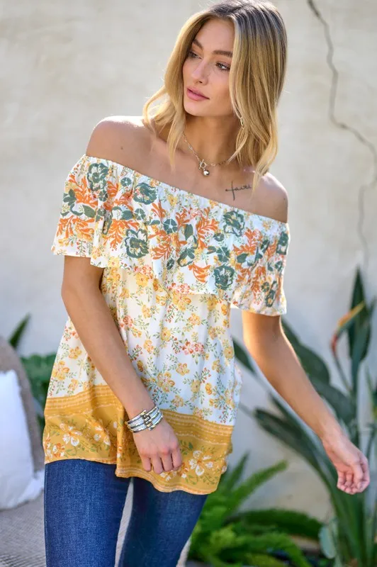 Davi & Dani Printed Off Shoulder Smocked Top