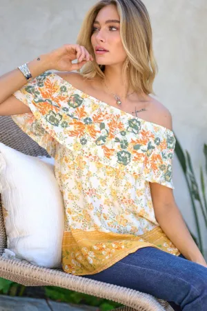 Davi & Dani Printed Off Shoulder Smocked Top