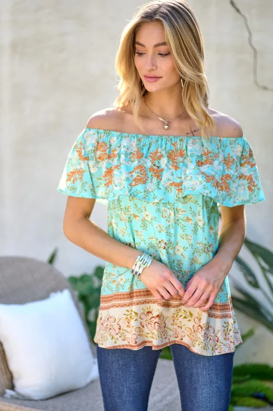 Davi & Dani Printed Off Shoulder Smocked Top