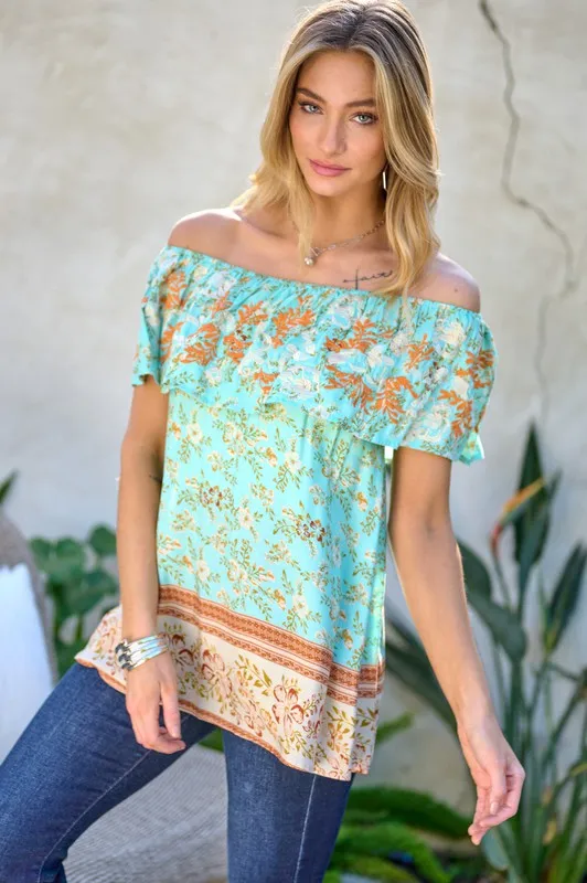 Davi & Dani Printed Off Shoulder Smocked Top