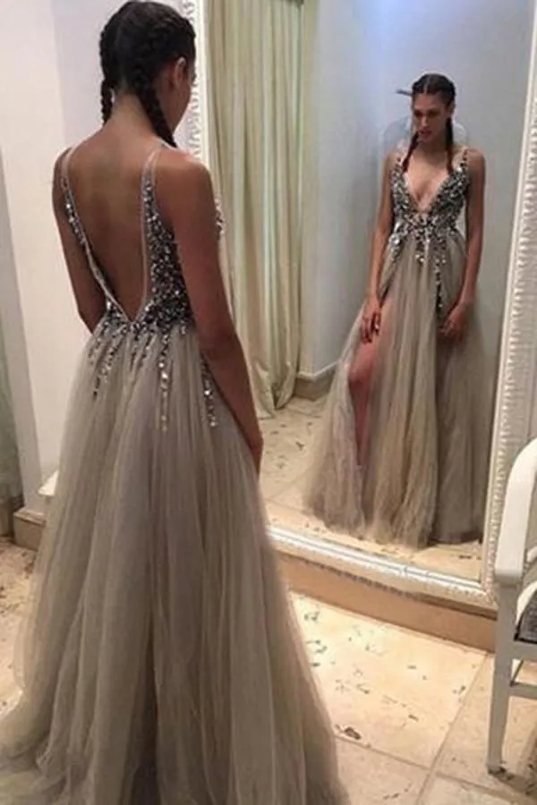 Deep V-Neck Backless Split Sweep Train Prom Dress With Beading, Evening Dress YZ211033