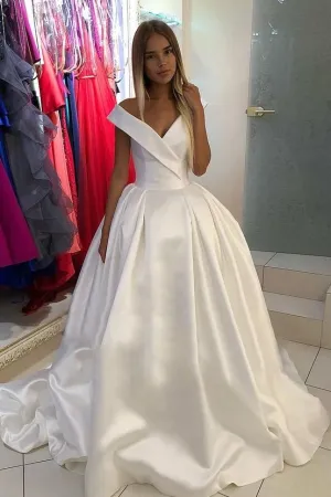 Deep V Neck Wedding Dresses Satin Ball Gown