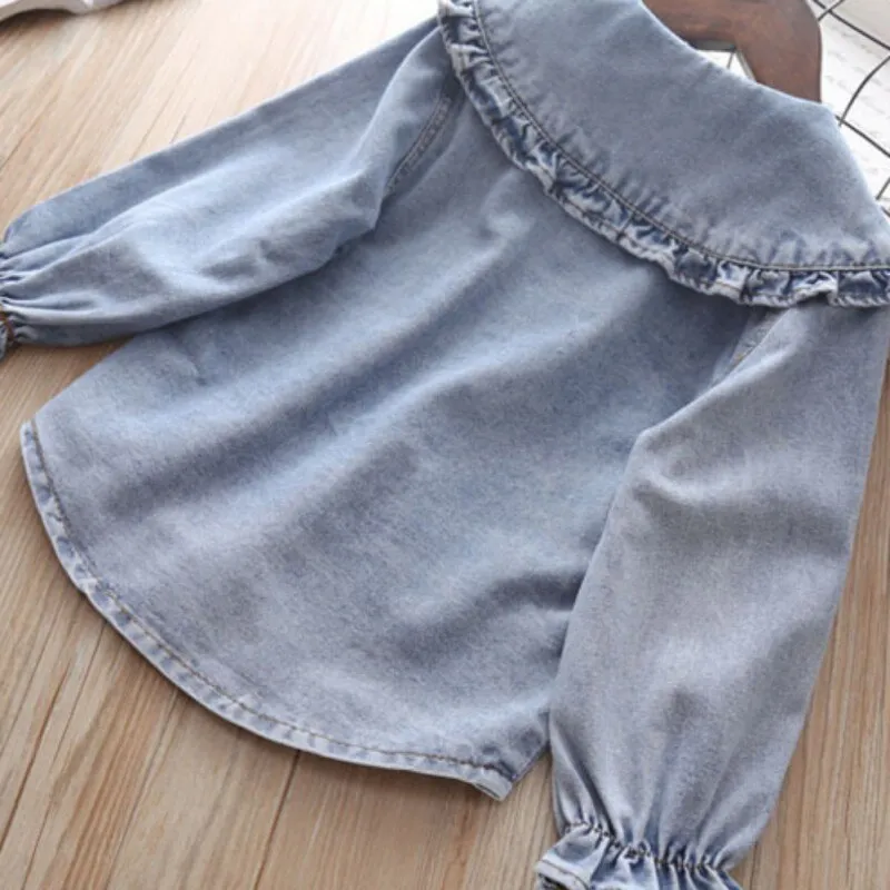 Denim Blouse & Mesh Pleated Skirt Outfit