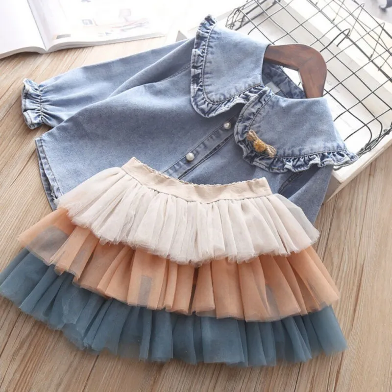 Denim Blouse & Mesh Pleated Skirt Outfit