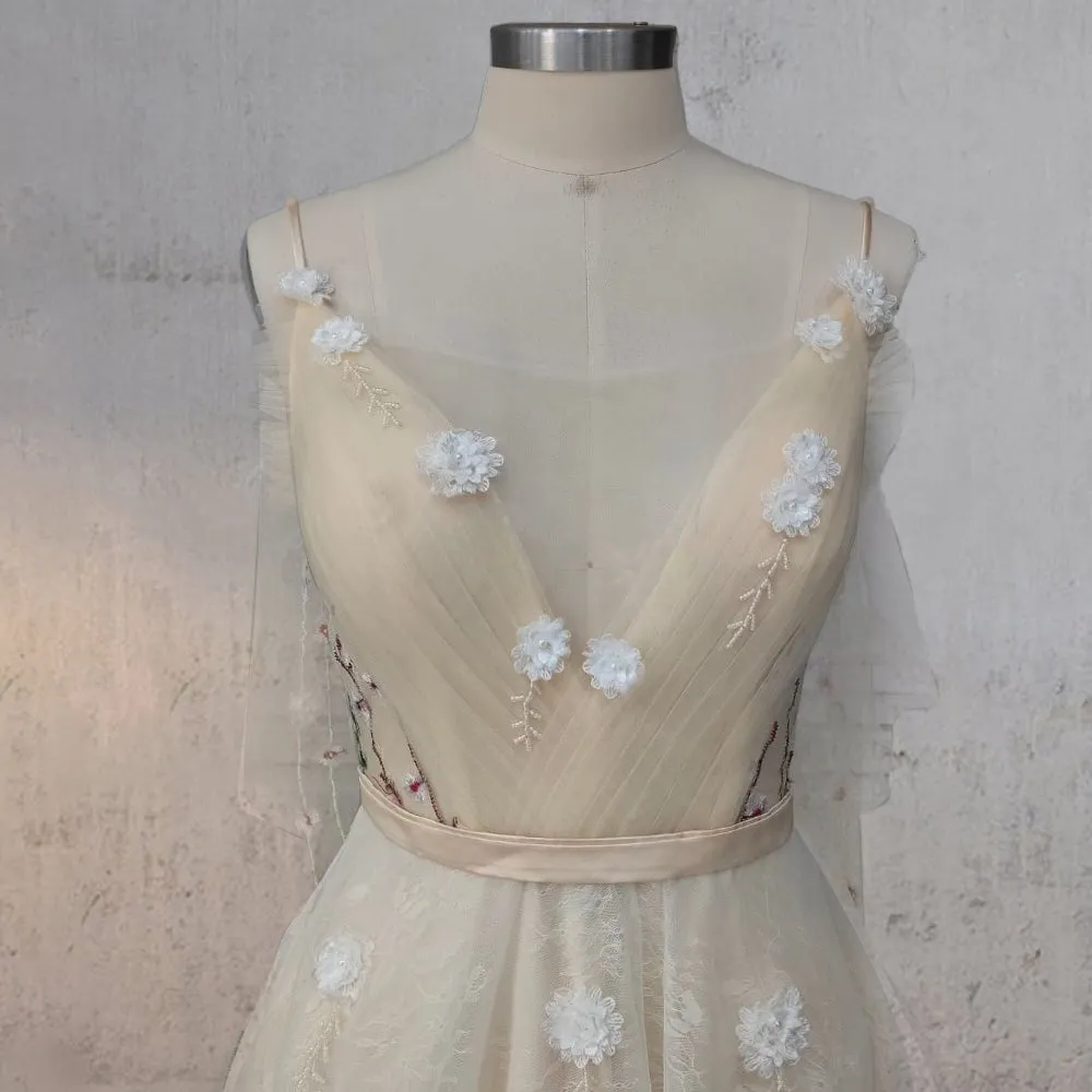 Diva | A-Line V Neck Sleeveless Floral Enchantment Boho Wedding Dress