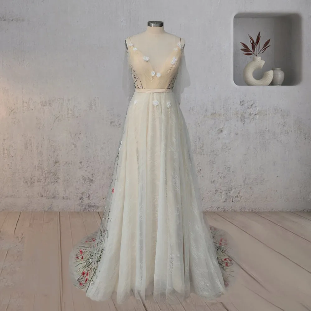 Diva | A-Line V Neck Sleeveless Floral Enchantment Boho Wedding Dress