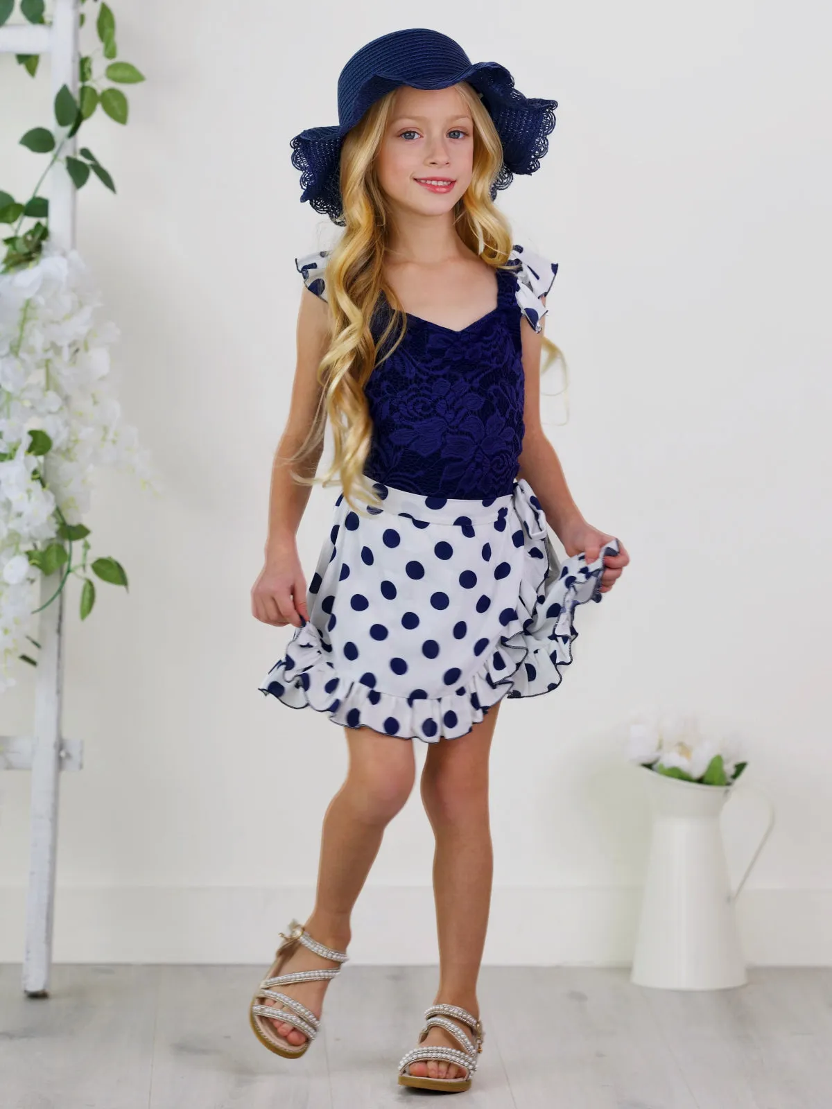 Dotty Delight Top and Floral Ruffle Skort Set