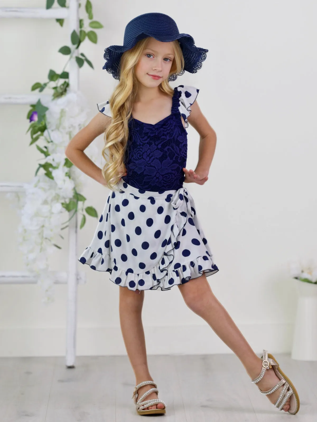 Dotty Delight Top and Floral Ruffle Skort Set