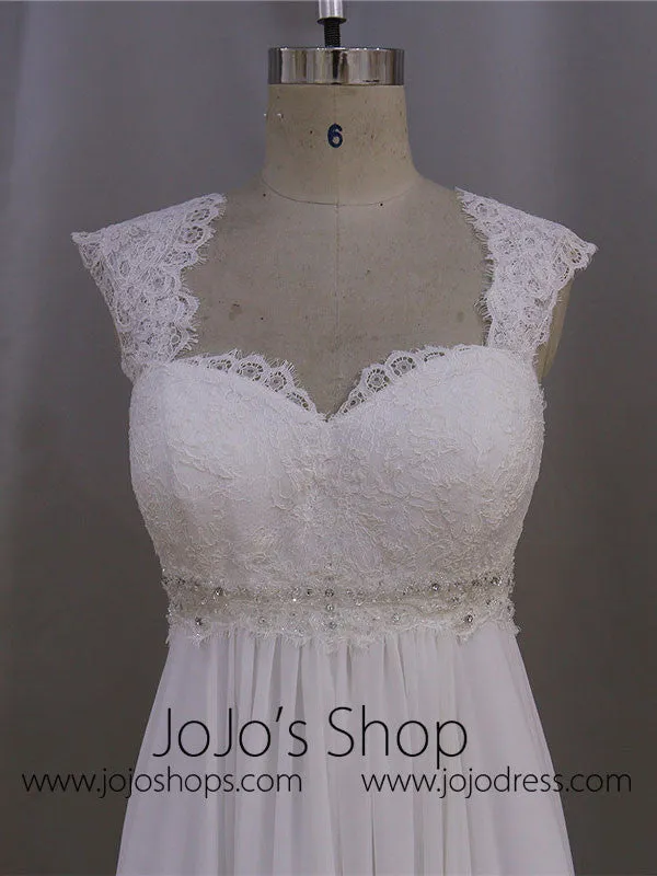 Elegant Chiffon Wedding Dress with French Lace Cap Sleeves | BB001