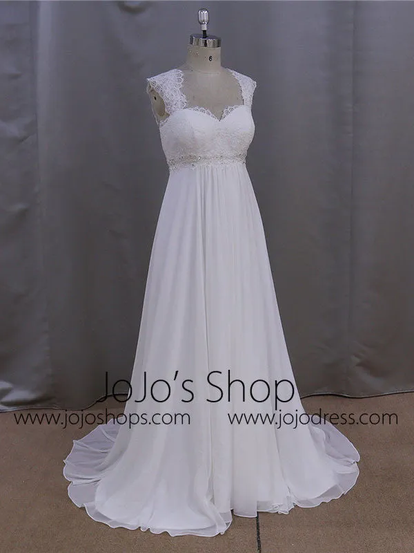 Elegant Chiffon Wedding Dress with French Lace Cap Sleeves | BB001
