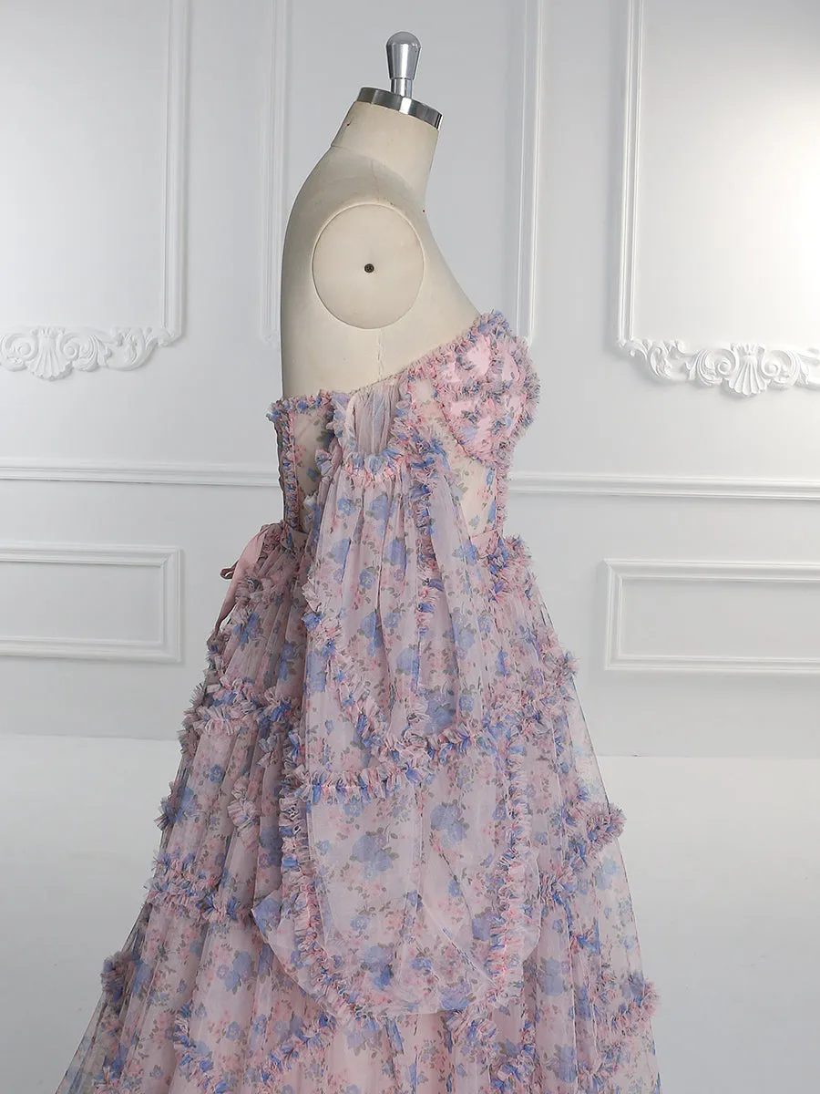 Elegant Floral Tulle Maxi Dress with Sleeves Woman Photoshoot Dress YW231086